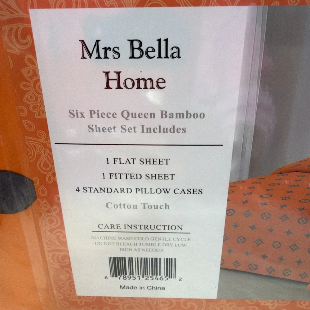 Bamboo‎ Queen Sheet Designer Set Orange Grey Print 6 Piece – 100% Cotton Beaut
